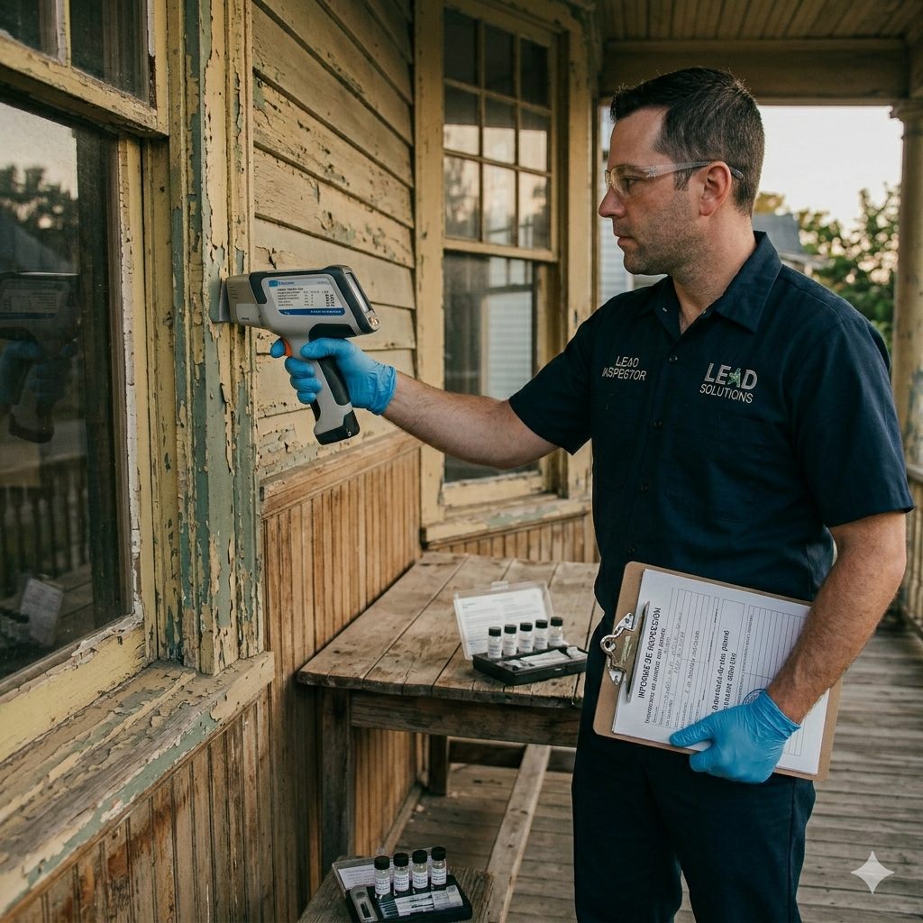 Certified lead inspector using XRF analyzer to test lead-based paint on an exterior wall in Los Angeles, California