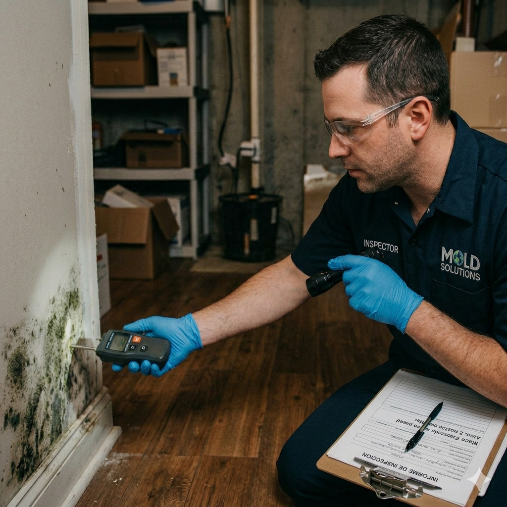 Certified mold inspector evaluating wall mold growth with professional equipment in Los Angeles, California