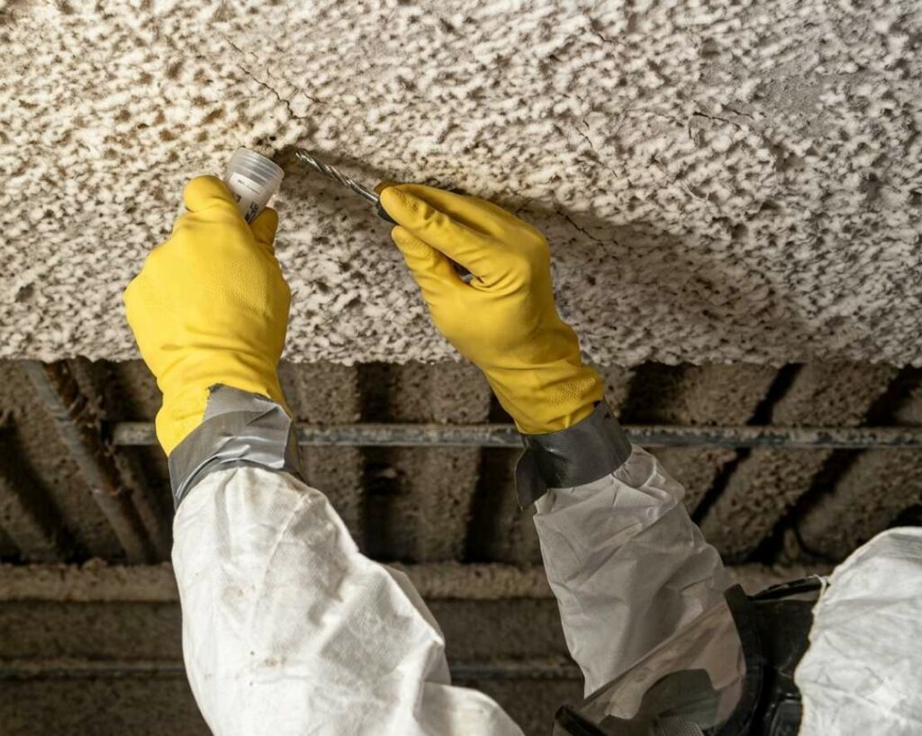 A trained environmental technician performs solid asbestos sampling on construction materials to ensure safe renovation and demolition practices in Los Angeles, CA.
