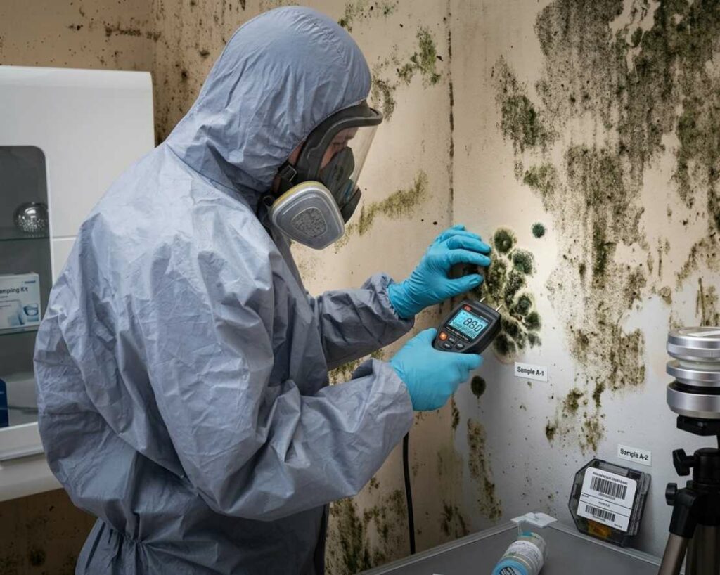 Certified environmental technician performing mold air testing to evaluate indoor air quality in Los Angeles, California.